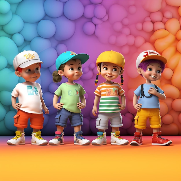 3D-иллюстрация Двухлетние дети стоят перед цветным фоном в реалистичных нарядах