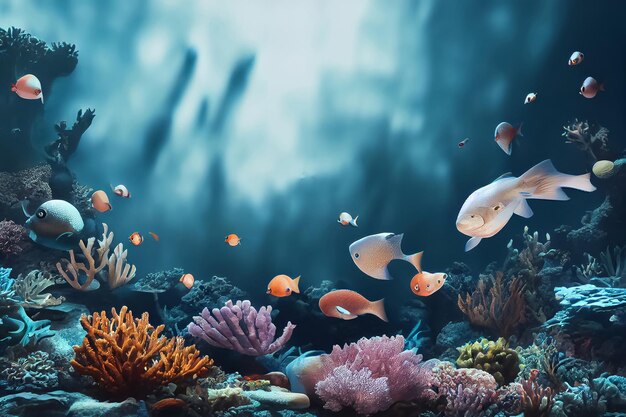 3d иллюстрация подводных морских красочных тропических рыб на коралловом рифе