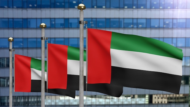 Photo 3d illustration united arab emirates flag waving in a modern skyscraper city. beautiful tall tower with uae banner soft smooth silk. cloth fabric texture ensign background. national day concept