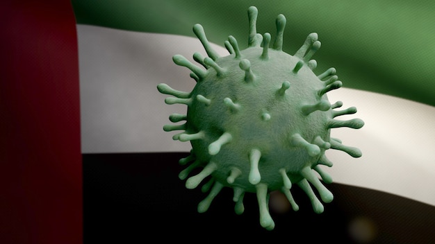 3D illustration United Arab Emirates flag waving with Coronavirus outbreak infecting respiratory system as dangerous flu. Influenza type Covid 19 virus with national UAE banner blowing at background