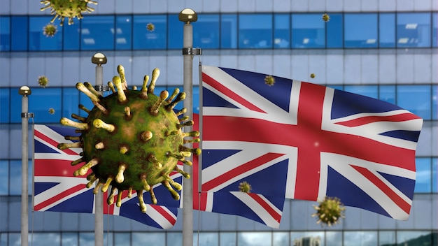 3D illustration United Kingdom flag waving on modern skyscraper city with Coronavirus 2019. Beautiful tall tower and outbreak in Britain. Microscope virus Covid 19