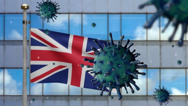 3D illustration United Kingdom flag waving on modern skyscraper city with Coronavirus 2019. Beautiful tall tower and outbreak in Britain. Microscope virus Covid 19