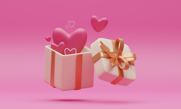 발렌타인 데이에 대한 3D 일러스트레이션 심장과 함께 축하 상자