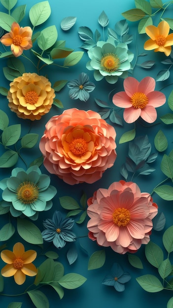 3D illustration of a variety of paper flowers