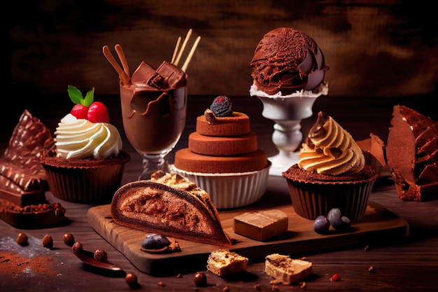 3д иллюстрация различные шоколадные блюда крупным планом Generative AI
