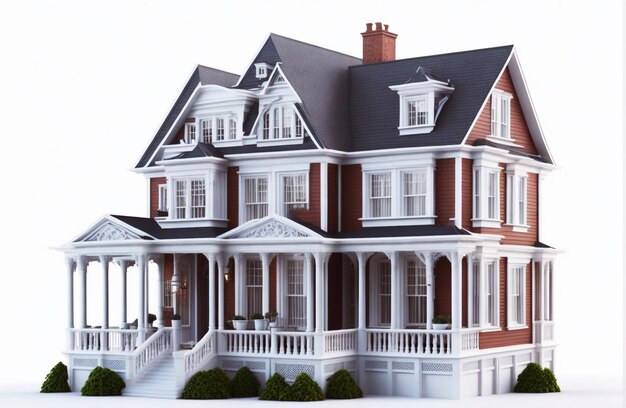 写真 3dイラスト - 現代的なスタイルの2階建ての家のモデルと白い背景の3dレンダー