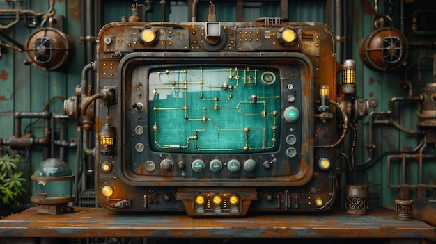 Photo 3d illustration of vintage steampunk television screens