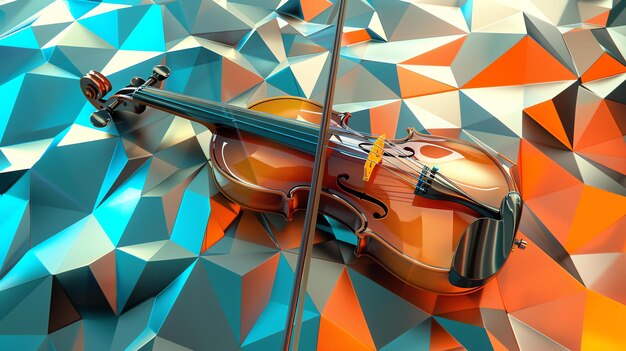 Photo 3d illustration of a violin lying on a blue and orange faceted surface the violin is made of wood and has a glossy finish