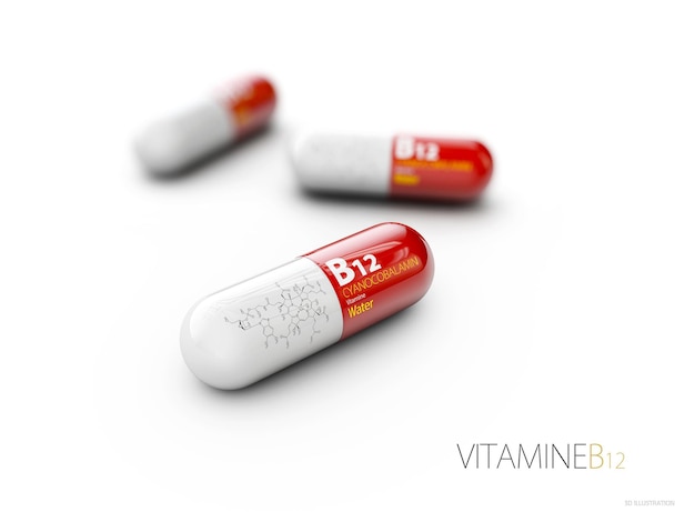 3d Illustration of Vitamin B12 Capsule with formule, isolated white.