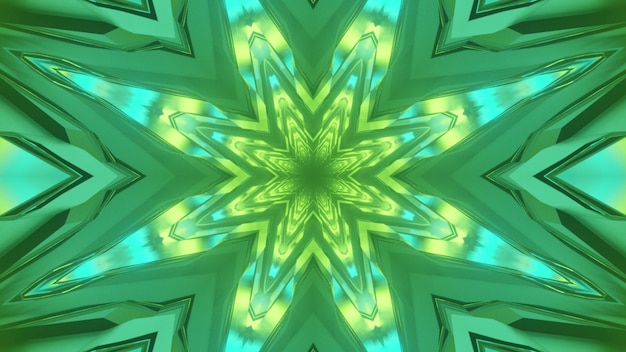 3D illustration of vivid abstract of tunnel with geometric shapes glowing with green and blue illumination