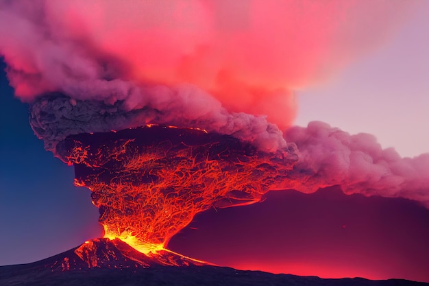 3d illustration volcano eruption lava at night epic colors