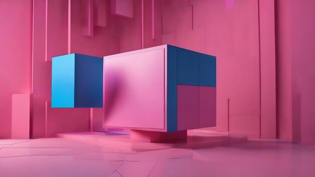 3d illustration volumetric pink and blue cube on a geometric monophonic