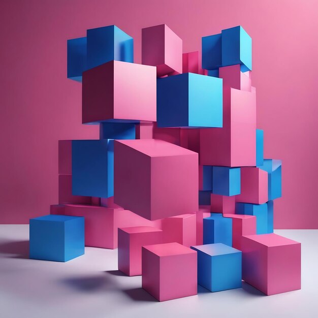 Photo 3d illustration volumetric pink and blue cube on a geometric monophonic