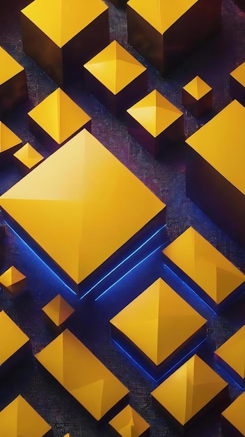 Photo 3d illustration volumetric yellow cube on a geometric monophonic background parallelogram pattern