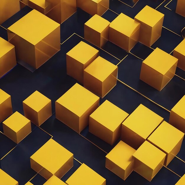 Photo 3d illustration volumetric yellow cube on a geometric monophonic background parallelogram pattern