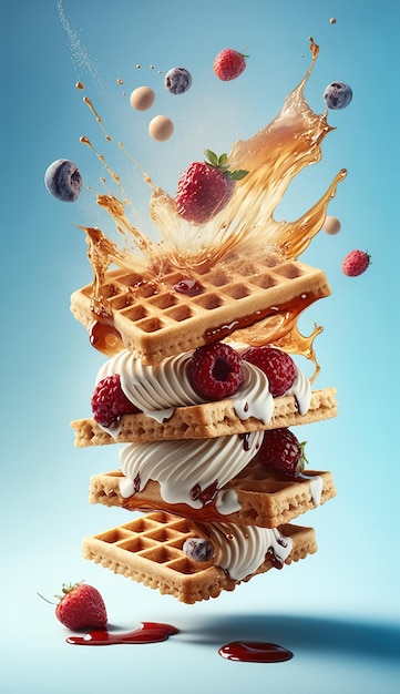 3d illustration waffles with chocolate sauce and ice cream and fresh berry on dark gray background.