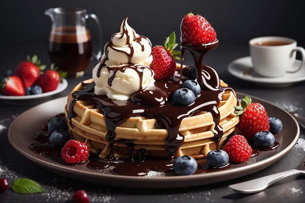 3d illustration waffles with chocolate sauce and ice cream and fresh berry on dark gray background