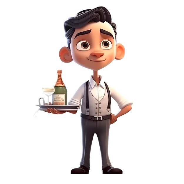 3D illustration of a waiter with a bottle of wine and a tray