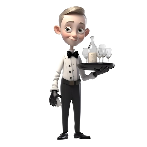 Photo 3d illustration of a waiter with a tray and bottle of wine