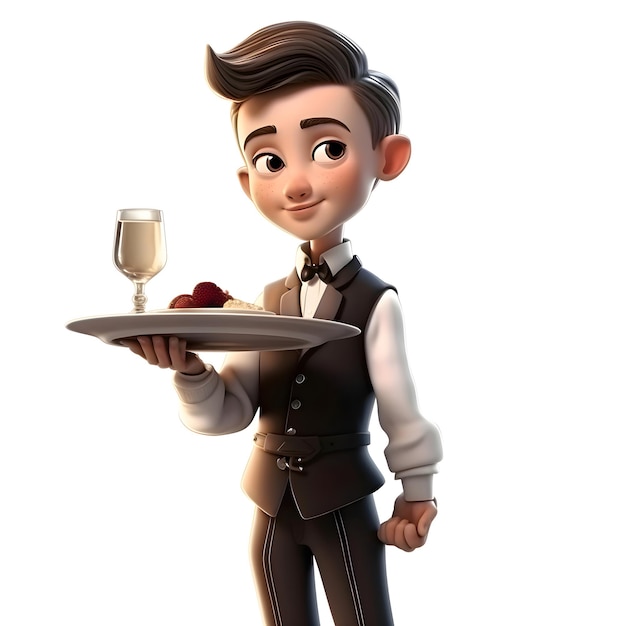 Photo 3d illustration of a waiter with a tray and a glass of wine