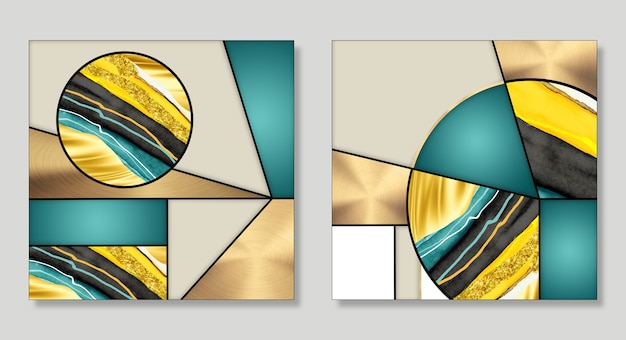 3d illustration wall frame canvas art turquoise and golden marble with black lines
for wall home