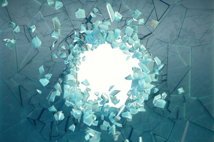 3D illustration wall of ice with a hole in the center of shatters into small pieces. Place for your banner, advertisement. The explosion caused a crack in the wall. Explosion hole in ice cracked wall.