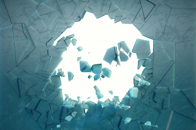 3d illustration wall of ice with a hole in the center of shatters into small pieces. place for your banner, advertisement. the explosion caused a crack in the wall. explosion hole in ice cracked wall