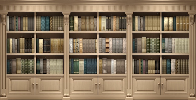 3d illustration. Wall wooden  classical library books or library study or living room, education