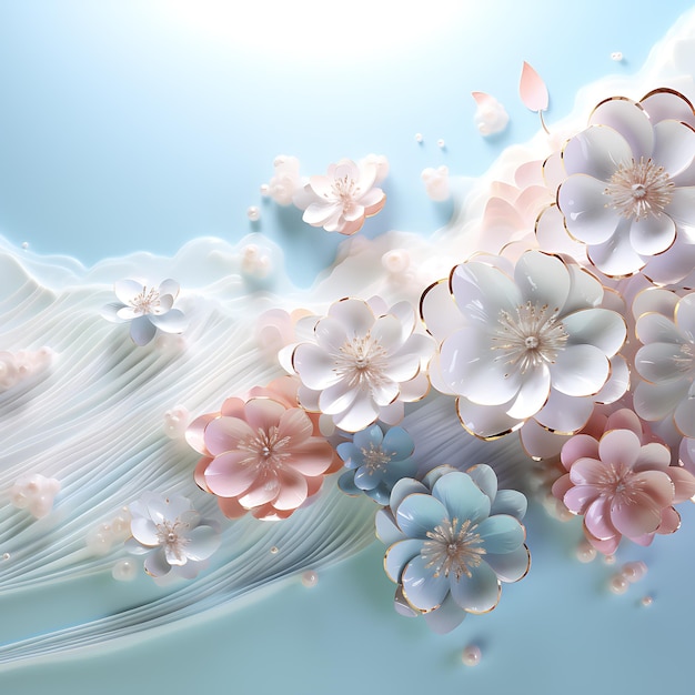 3d illustration wallpaper floral cyan and pink cherry