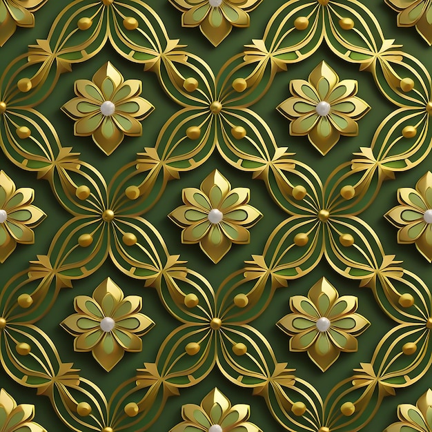 3Dイラスト 壁紙 フローラル・シームレス・パターン グリーン・ゴールド・ラグジュアリー