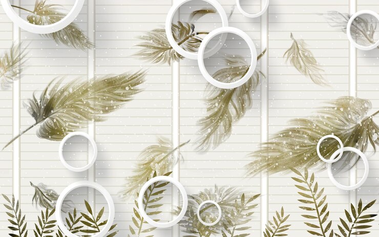 Photo 3d illustration wallpaper home decor light feathers white circles and leaves in white background