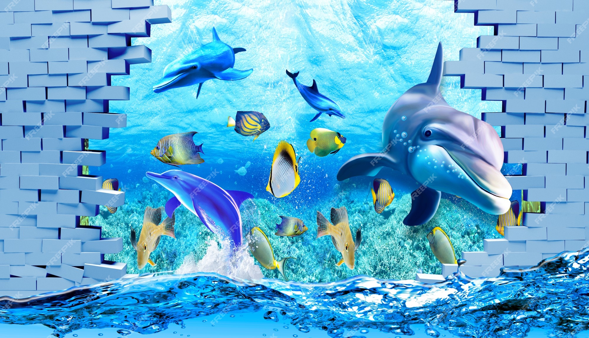 Premium Photo | 3d illustration wallpaper under sea dolphin fish tortoise  coral reef sand water with broken wall