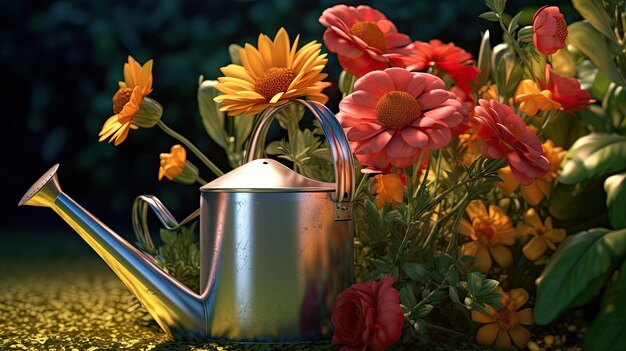 3d illustration of watering can with flowers