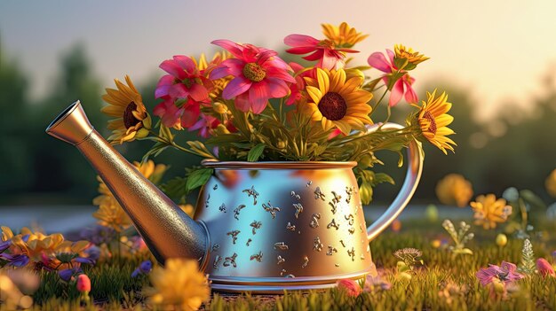 3d illustration of watering can with flowers
