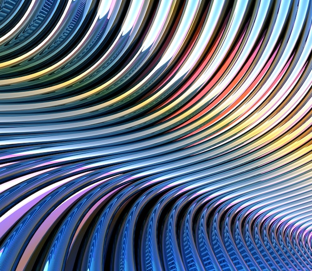 3d illustration of wavy chrome strips with colored reflections