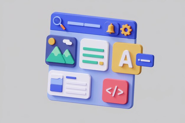 a 3d illustration of a web browser window with various icons representing different features