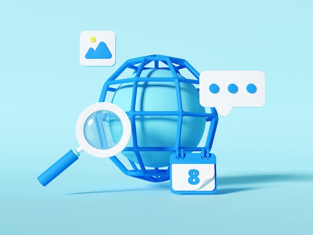 3d illustration website search engine optimization.\
illustration of world with magnifier, chat, calendar and image\
icons