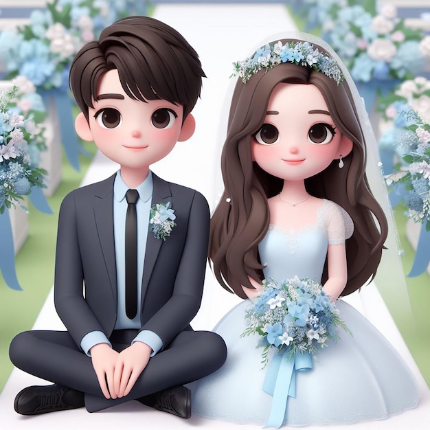 3D illustration of a wedding couple in blue costumes with matching blue batik dresses