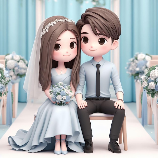 3d illustration of a wedding couple in blue costumes