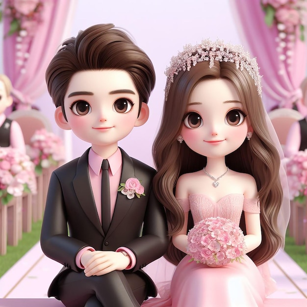 3D-иллюстрация свадебной пары в розовых костюмах