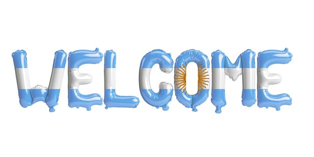 Photo 3d illustration of welcomeletter balloons in argentina flag isolated on white background