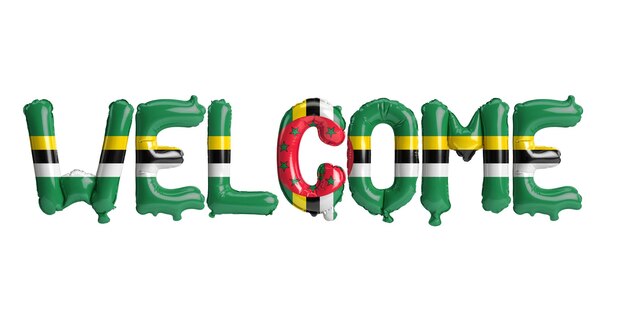 3d illustration of welcomeletter balloons in Dominica flag isolated on white background