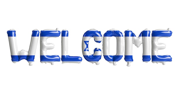 3d illustration of welcomeletter balloons in Israel flag isolated on white background