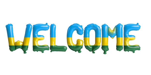 Photo 3d illustration of welcomeletter balloons in rwanda flag isolated on white background