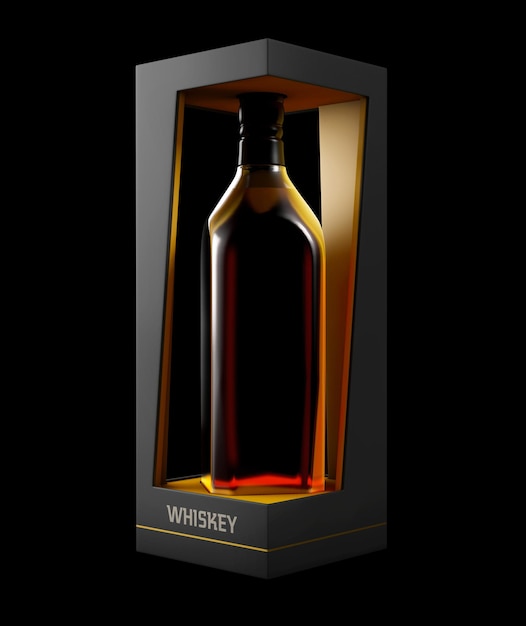 Foto illustrazione 3d del design e dell'imballaggio della bottiglia di whisky.