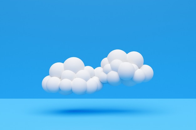 3d illustration of a white cartoon cloudes. Cumulus cloudes on blue background with shadow