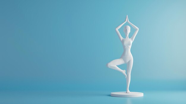 Foto illustrazione 3d di un manichino femminile bianco in una postura di yoga su uno sfondo blu