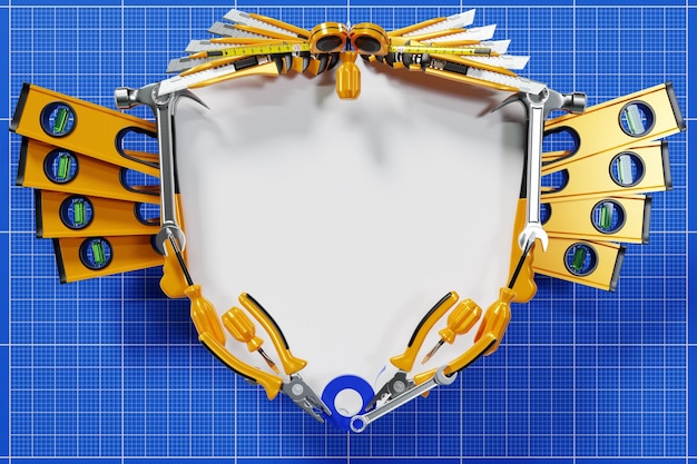 3D illustration of a white frame in the form of a coat of arms with hand tools