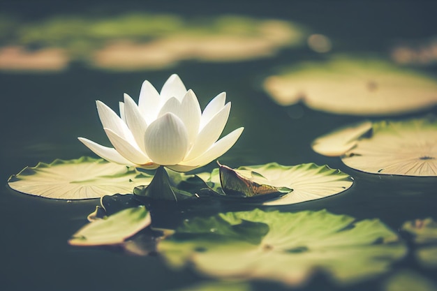 3D illustration white lotus flower pad in pond isolated on blur background Loy krathong concept