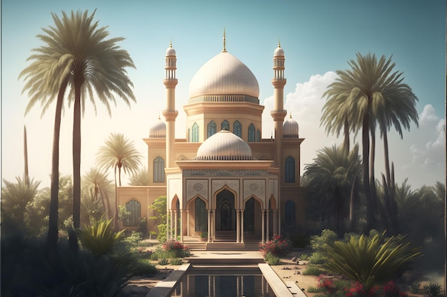 3D illustration of white mosque with palm trees and blue sky